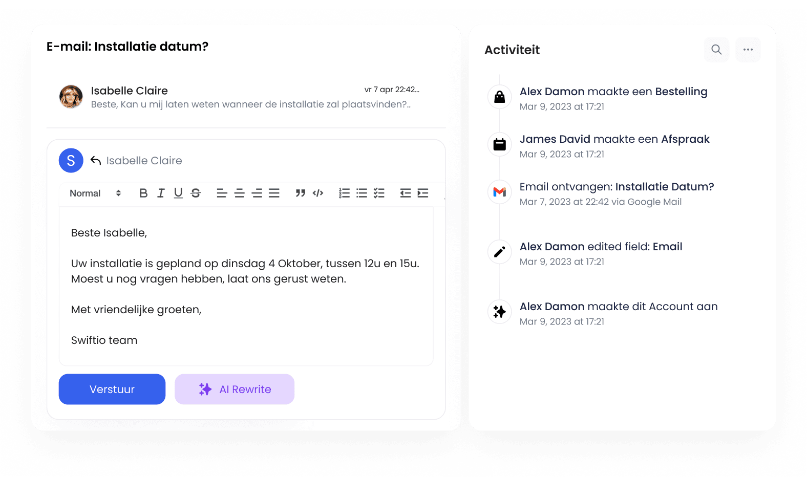 Customer email and activity timeline in Swiftio